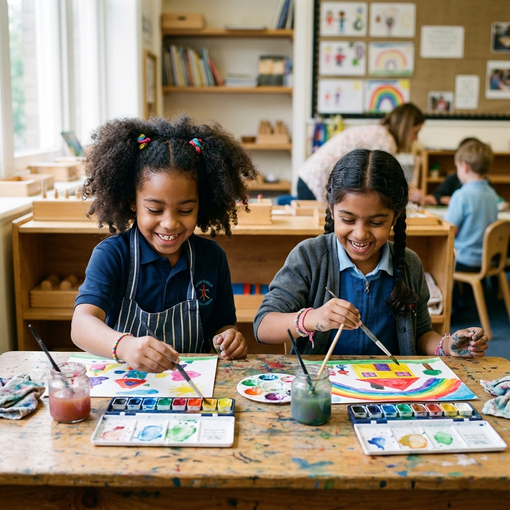 Niños colaborando en el aula Montessori