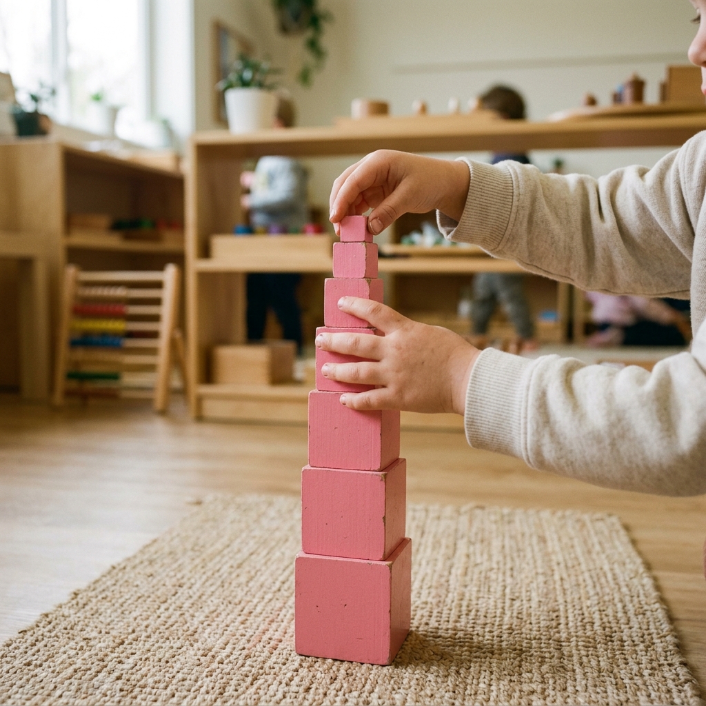 Niña trabajando con la Torre Rosa Montessori