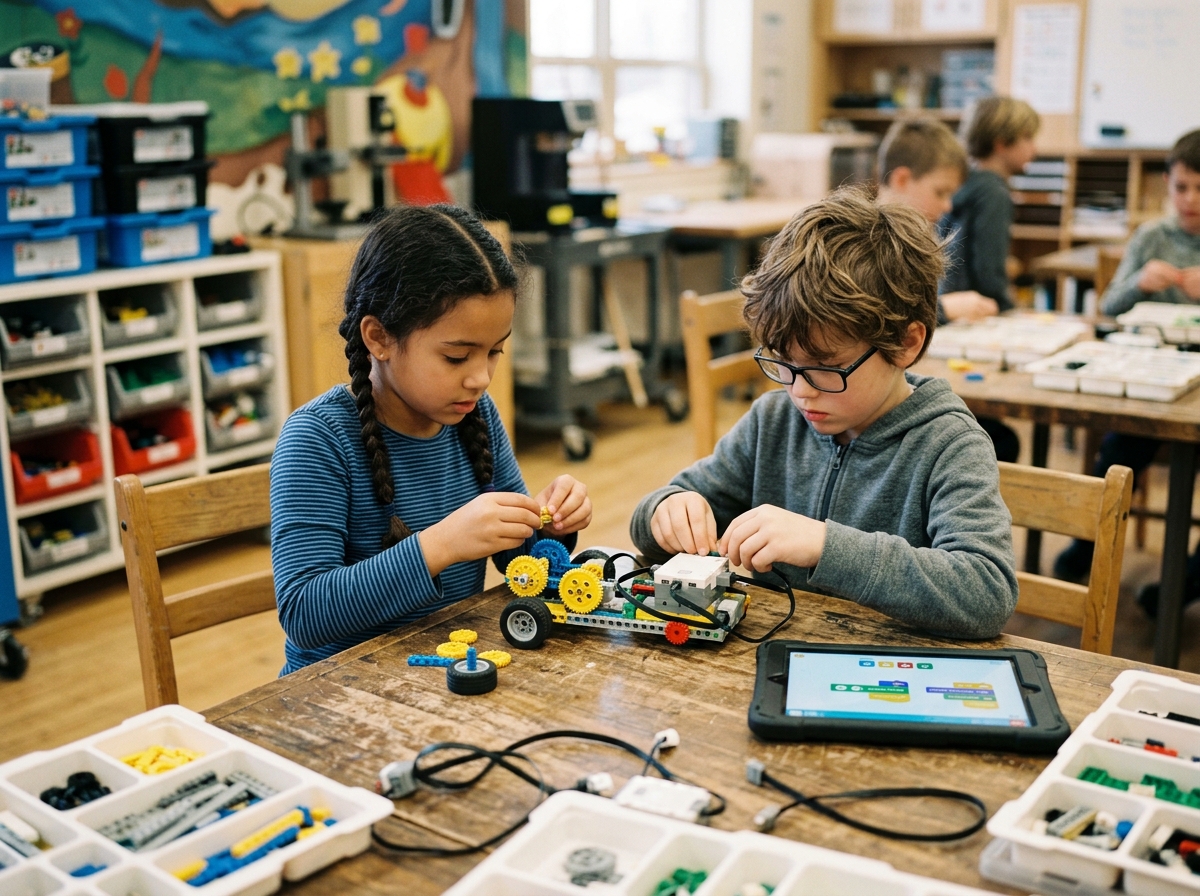 Niños construyendo prototipo robótico con tablet educativa